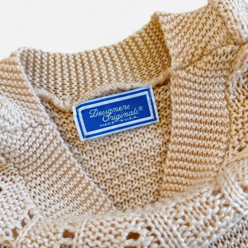 Vintage Designers Originals Cream Tan Beige Open Knit Crochet Style Sweater Top - Picture 2 of 5